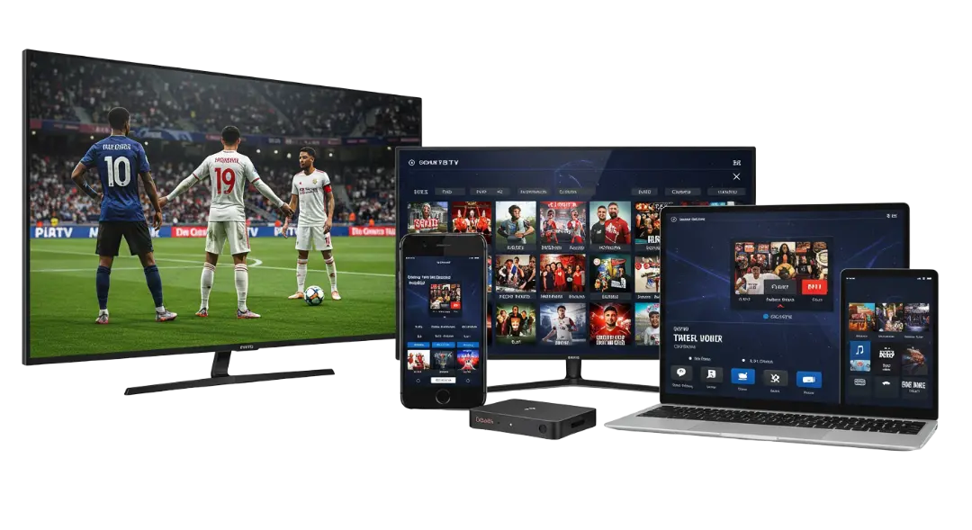 Pulse4K IPTV displayed across TV, monitor, laptop, phone and tablet